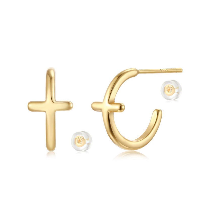 MYEARS Women Cross Hoop Earrings Gold 14K Small Simple Hypoallergenic Everyday Illusion Religious Jewelry - Image 1